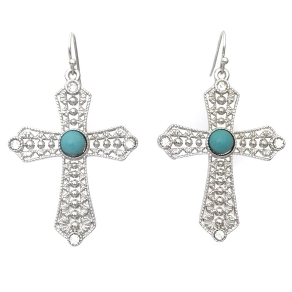 Cross Turquoise Stone Rhinestone Silver Tone Dangle Earrings - Picture 1 of 3